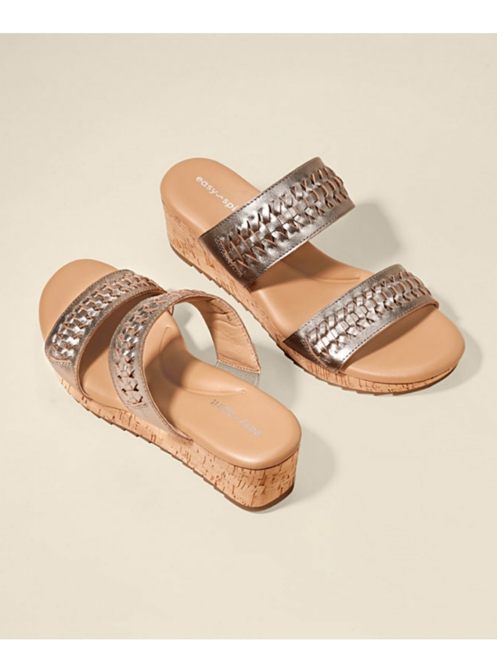 Easy Spirit Lillia Gold Woven Double-Strap Cork Wedge Sandals NIB